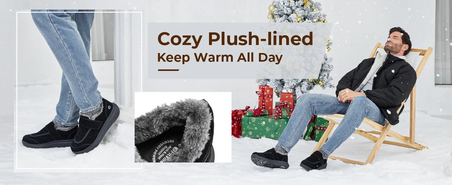 Wide Men's Slippers Non-slip Plush House Shoes Adjustable Straps Indoor&Outdoor Winter Slippers with Arch Support