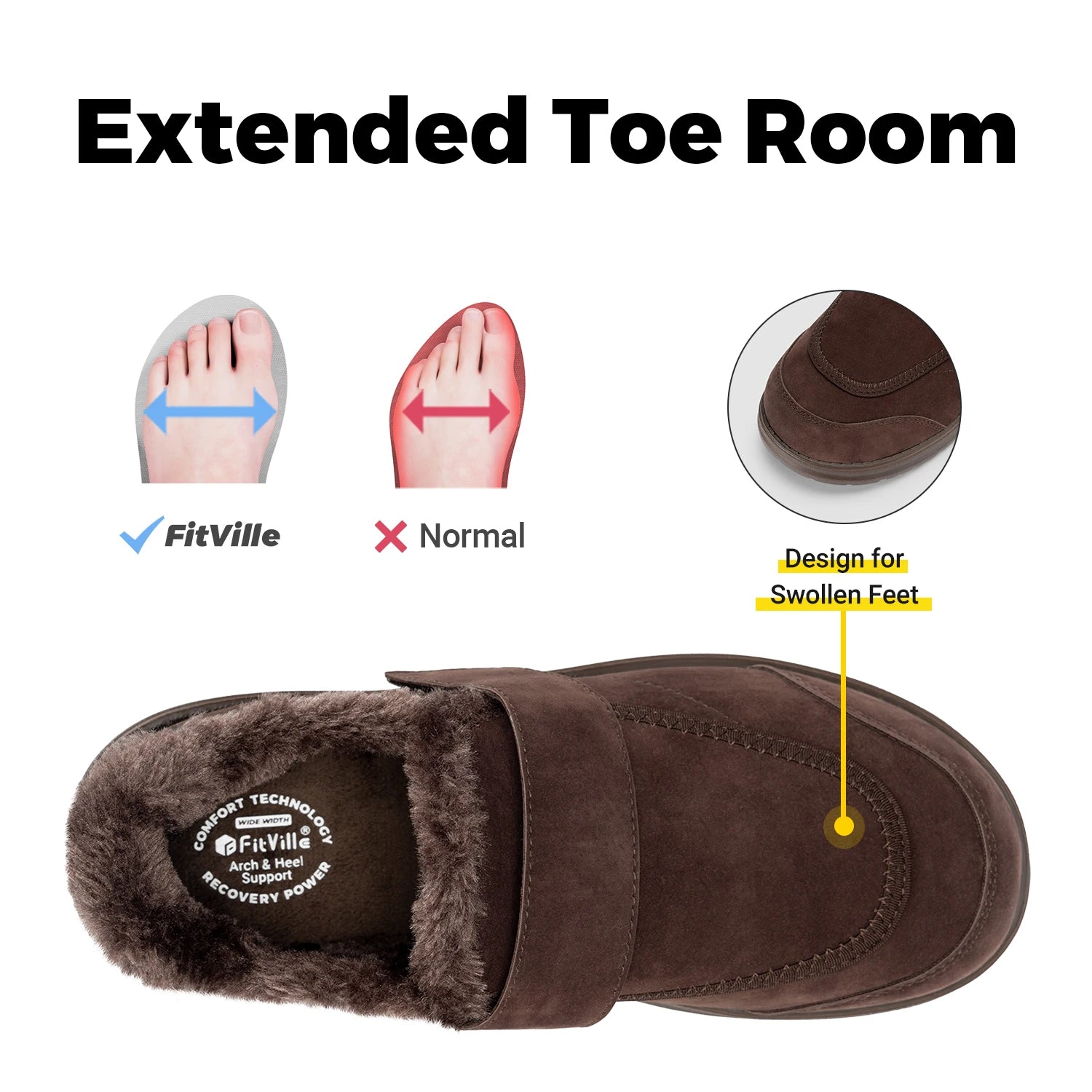 Wide Men's Slippers Non-slip Plush House Shoes Adjustable Straps Indoor&Outdoor Winter Slippers with Arch Support