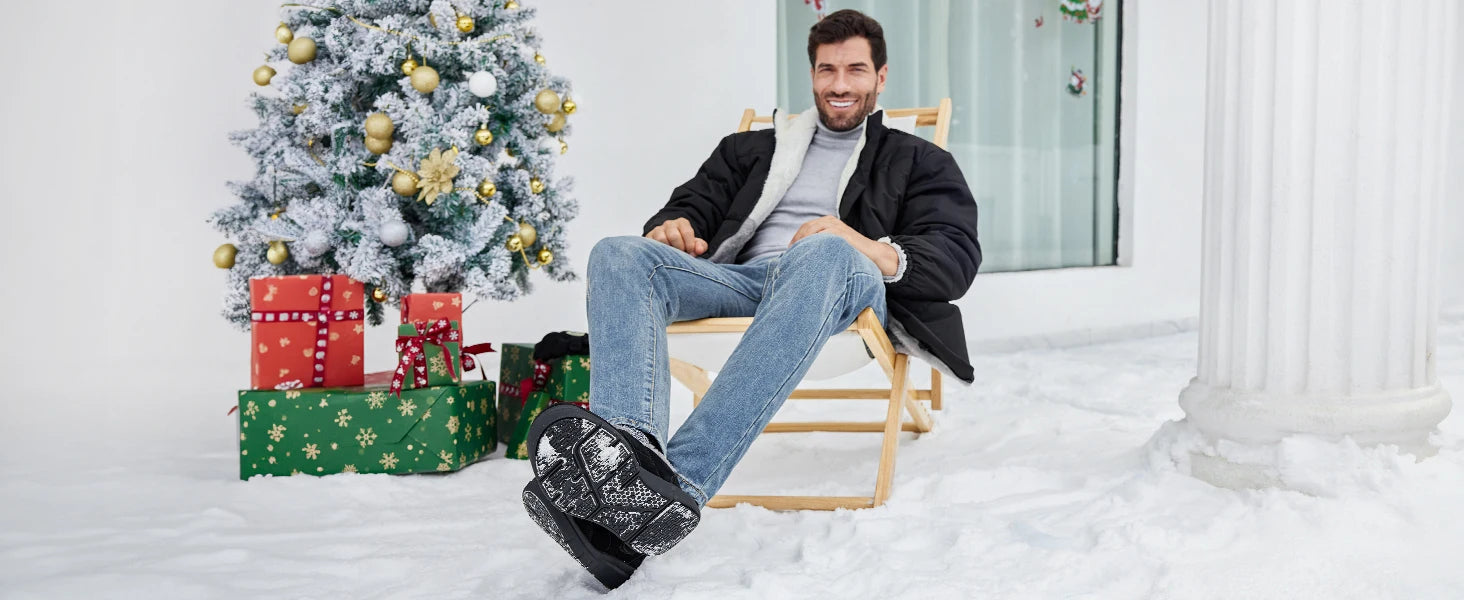 Wide Men's Slippers Non-slip Plush House Shoes Adjustable Straps Indoor&Outdoor Winter Slippers with Arch Support