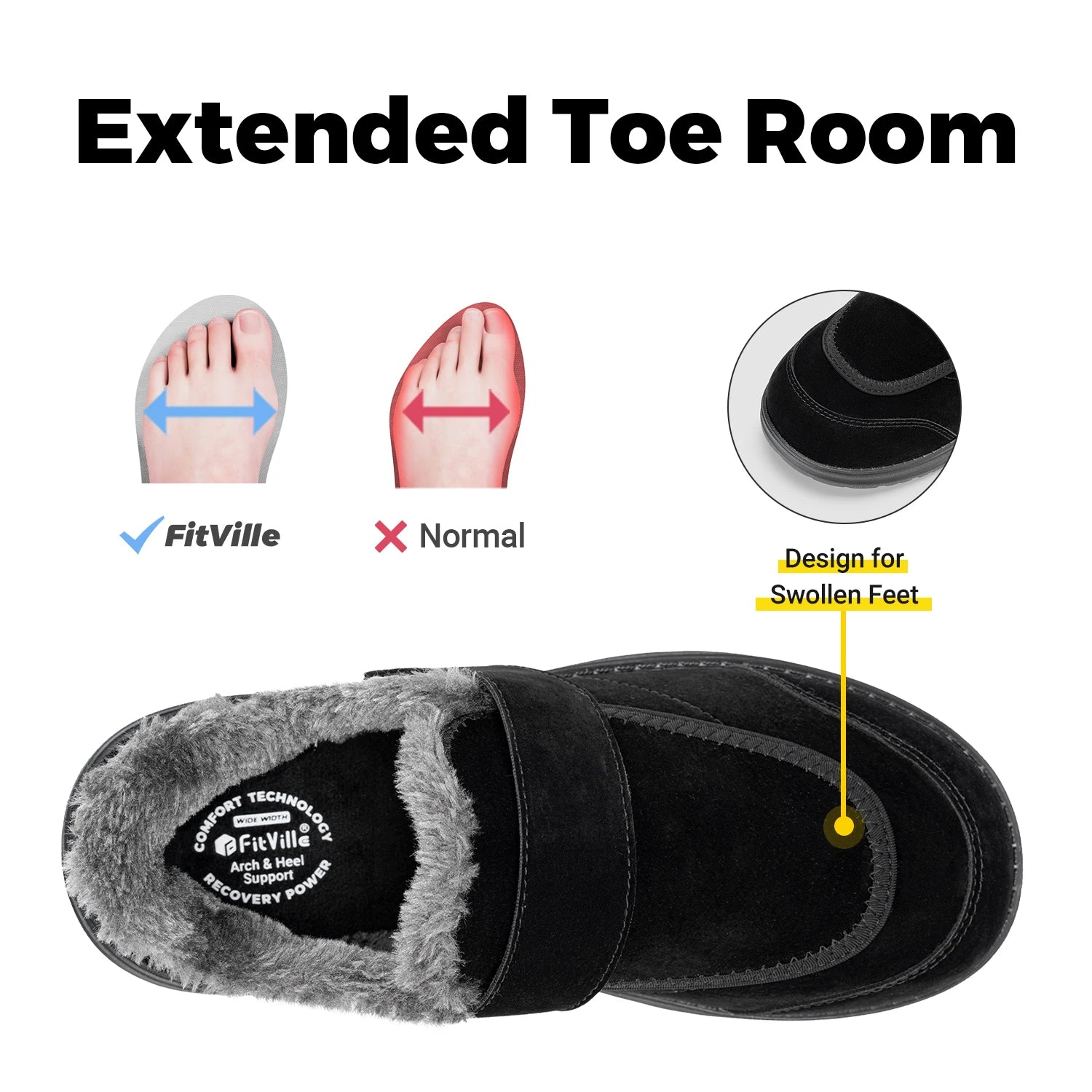 Wide Men's Slippers Non-slip Plush House Shoes Adjustable Straps Indoor&Outdoor Winter Slippers with Arch Support