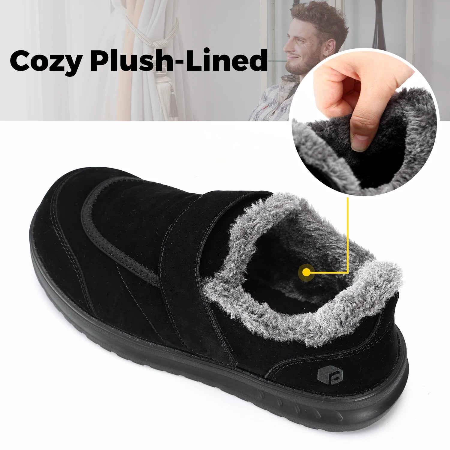 Wide Men's Slippers Non-slip Plush House Shoes Adjustable Straps Indoor&Outdoor Winter Slippers with Arch Support