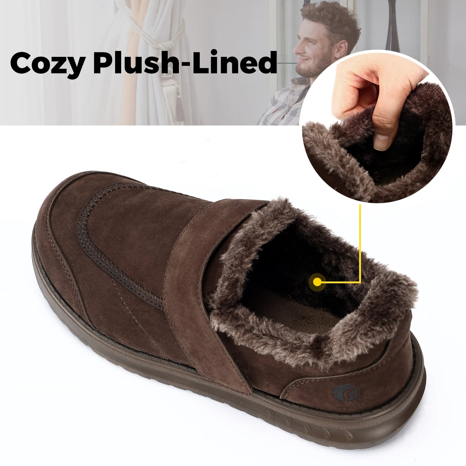 Wide Men's Slippers Non-slip Plush House Shoes Adjustable Straps Indoor&Outdoor Winter Slippers with Arch Support