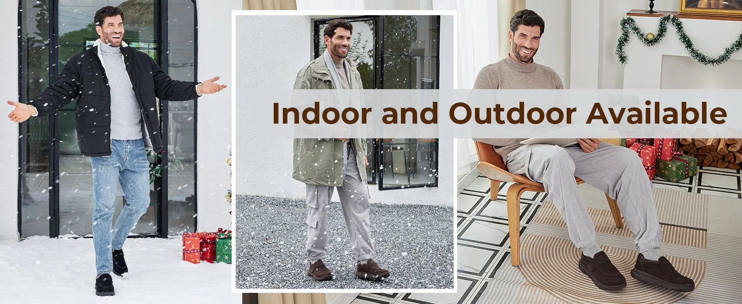 Wide Men's Slippers Non-slip Plush House Shoes Adjustable Straps Indoor&Outdoor Winter Slippers with Arch Support