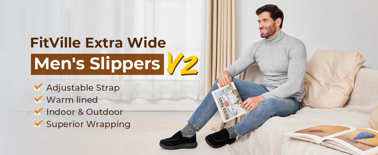 Wide Men's Slippers Non-slip Plush House Shoes Adjustable Straps Indoor&Outdoor Winter Slippers with Arch Support